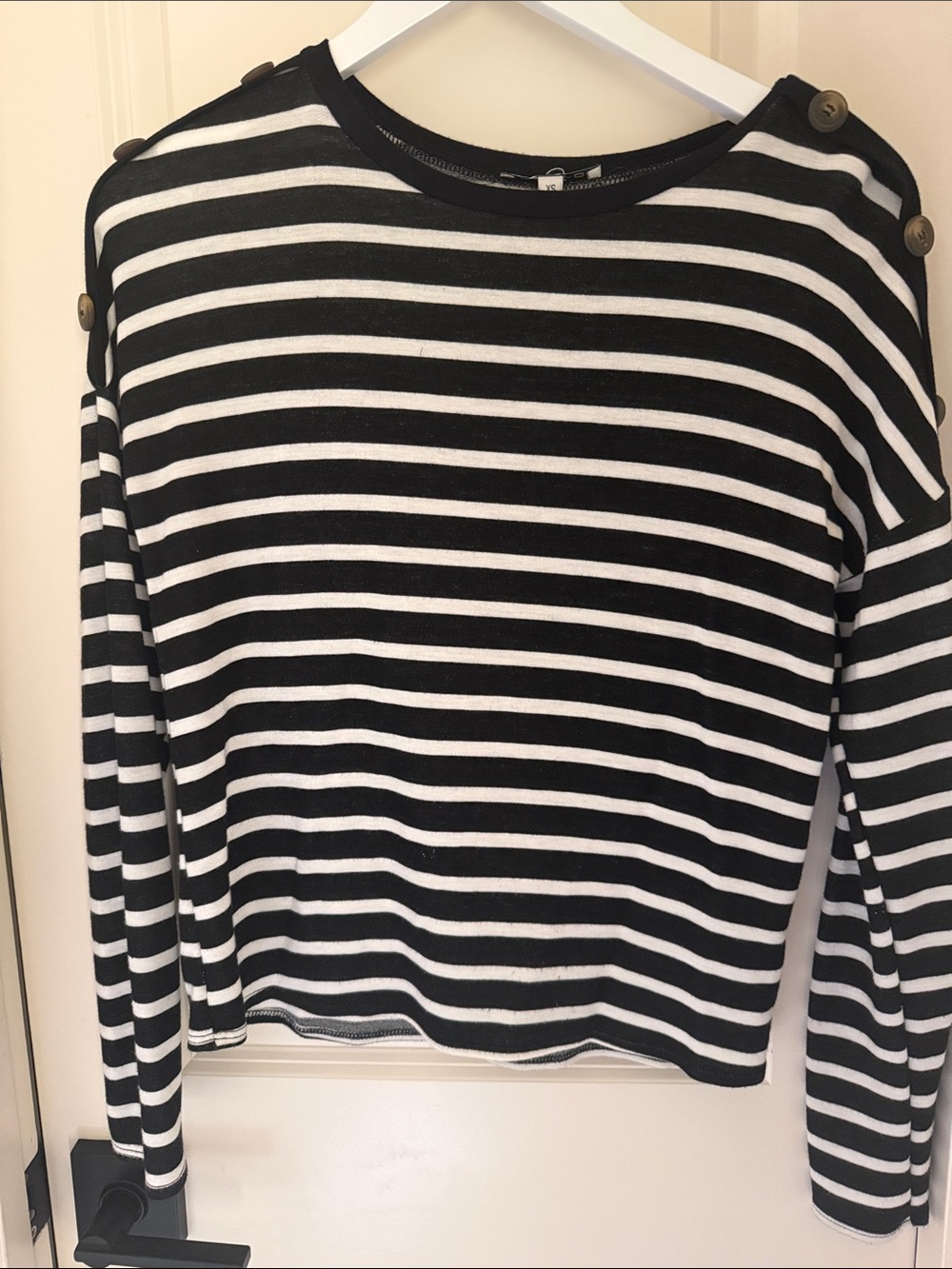 Moa Moa Black and White Striped Long-Sleeve Top with Shoulder Buttons